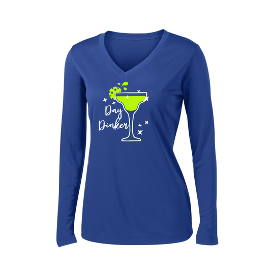 Day Dinker Pickleball Lime | Women’s Long Sleeve V-Neck Shirt | 100% Polyester