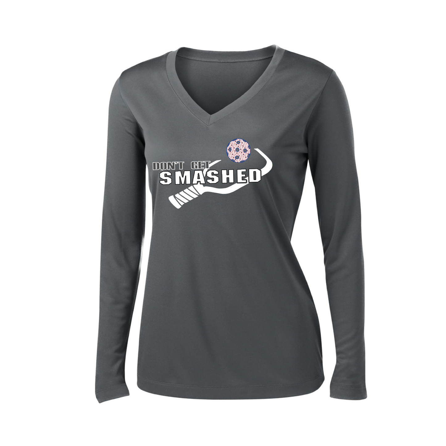 Don't Get Smashed (Patriotic Stars) | Women's Long Sleeve V-Neck Pickleball Shirts | 100% Polyester