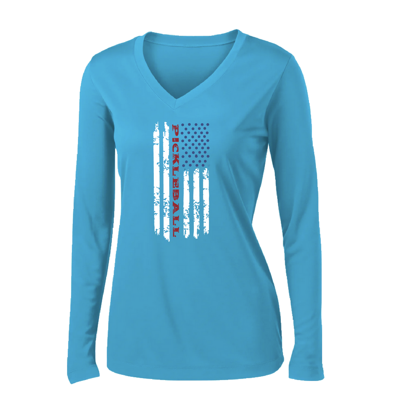 Pickleball Flag (Customizable) | Women's Long Sleeve V-Neck Pickleball Shirts | 100% Polyester