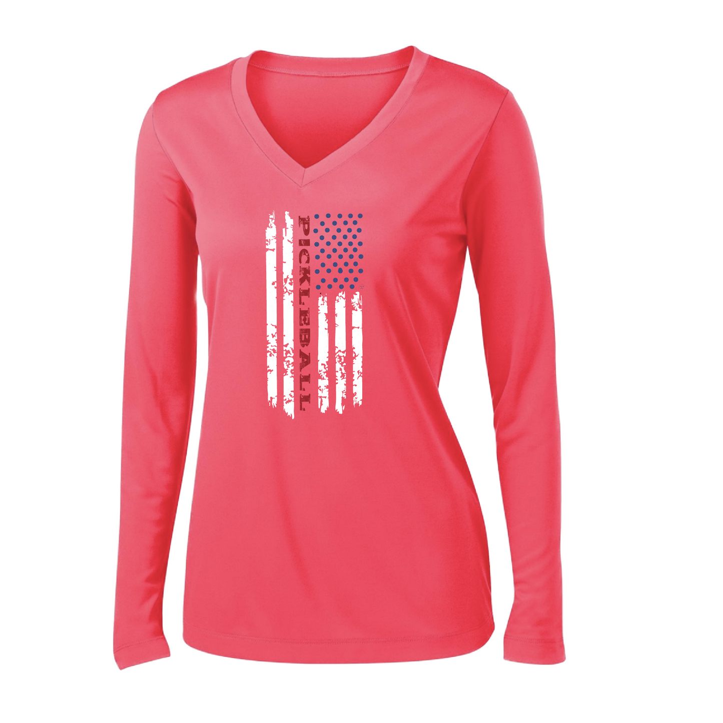 Pickleball Flag (Customizable) | Women's Long Sleeve V-Neck Pickleball Shirts | 100% Polyester