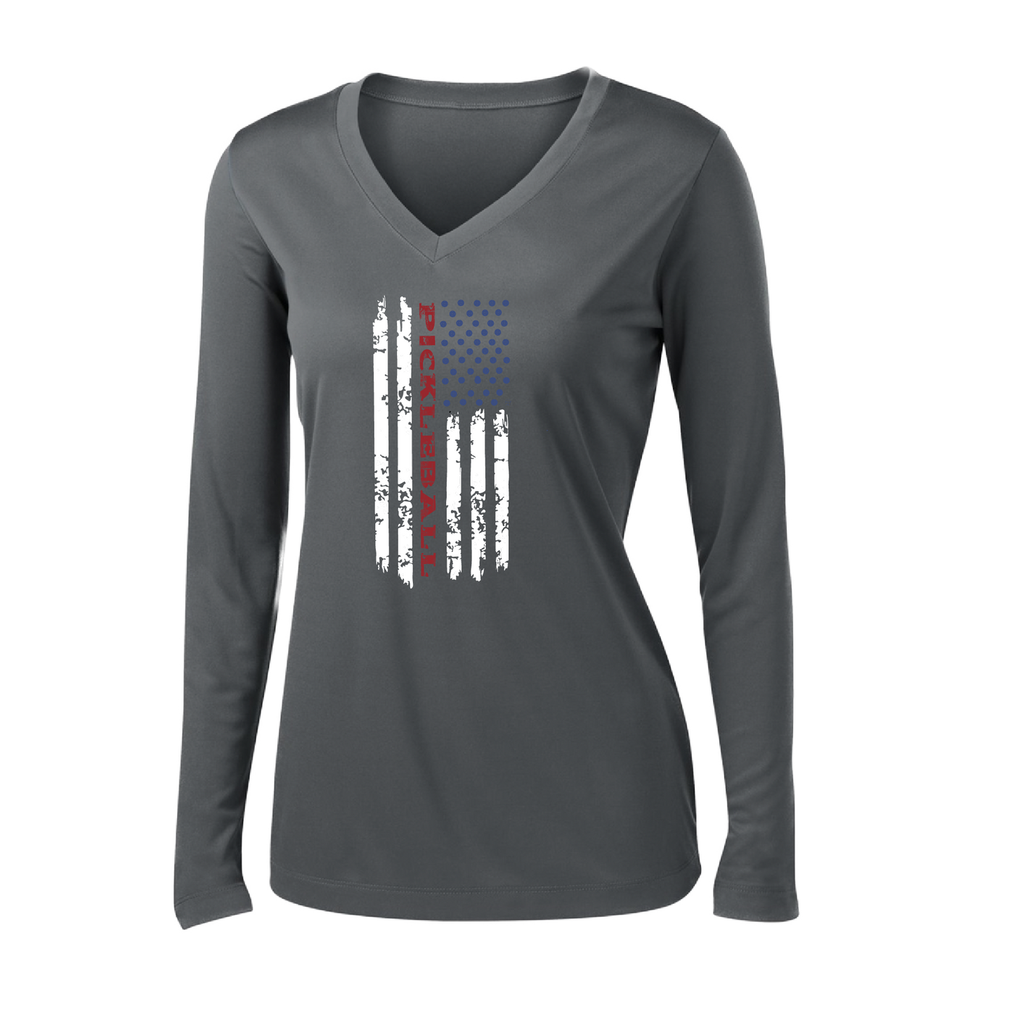 Pickleball Flag (Customizable) | Women's Long Sleeve V-Neck Pickleball Shirts | 100% Polyester