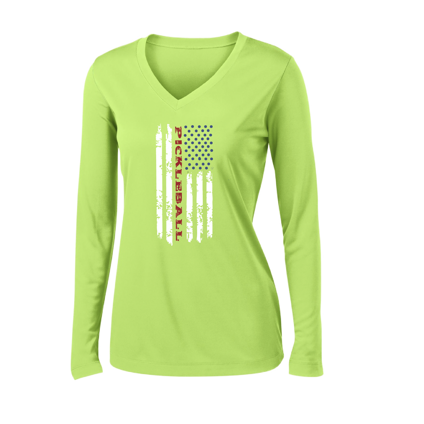 Pickleball Flag (Customizable) | Women's Long Sleeve V-Neck Pickleball Shirts | 100% Polyester