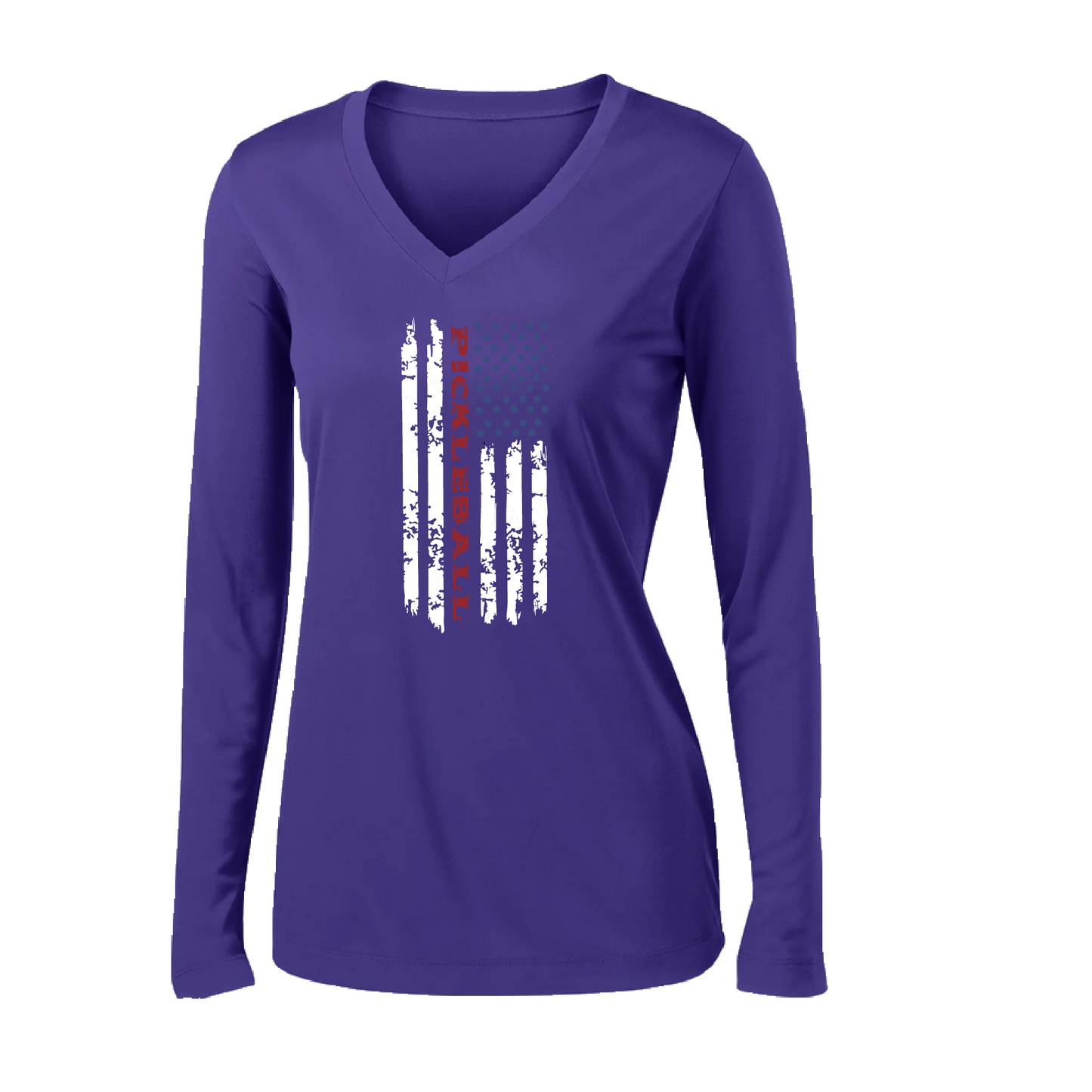 Pickleball Flag (Customizable) | Women's Long Sleeve V-Neck Pickleball Shirts | 100% Polyester