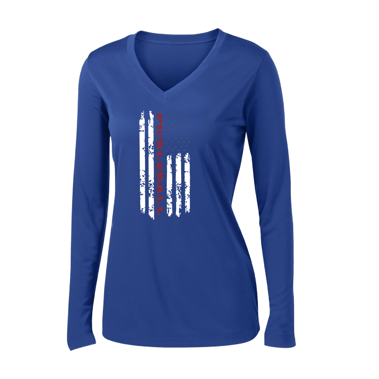 Pickleball Flag (Customizable) | Women's Long Sleeve V-Neck Pickleball Shirts | 100% Polyester