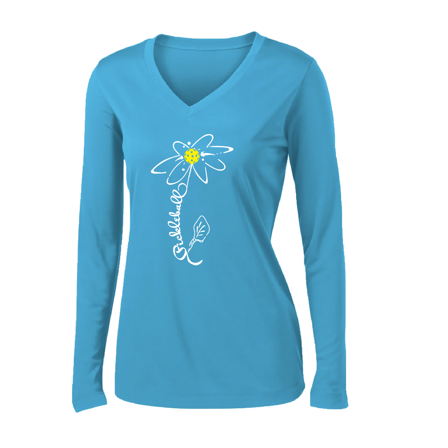 Pickleball Flower (Yellow) | Clearance Women’s Long Sleeve V-Neck Pickleball Shirt | 100% Polyester