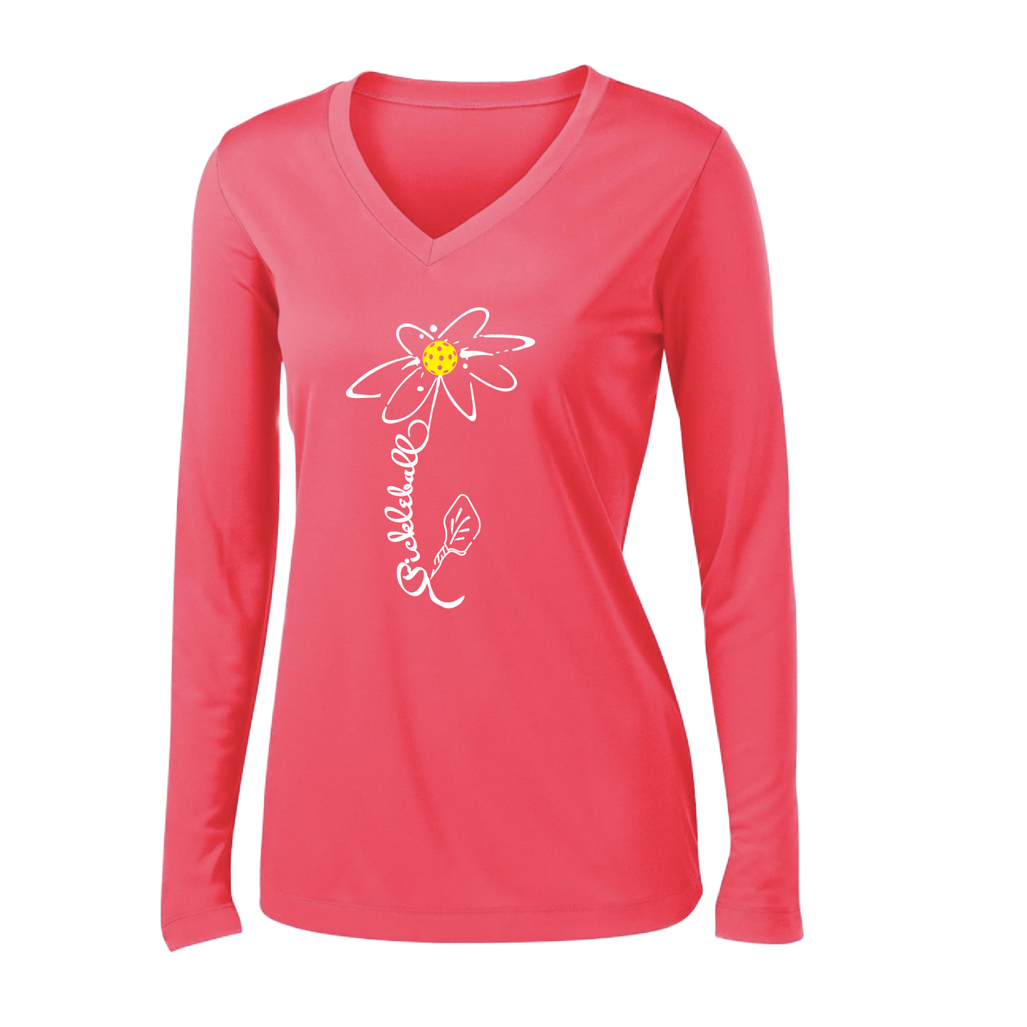 Pickleball Flower (Yellow) | Clearance Women’s Long Sleeve V-Neck Pickleball Shirt | 100% Polyester