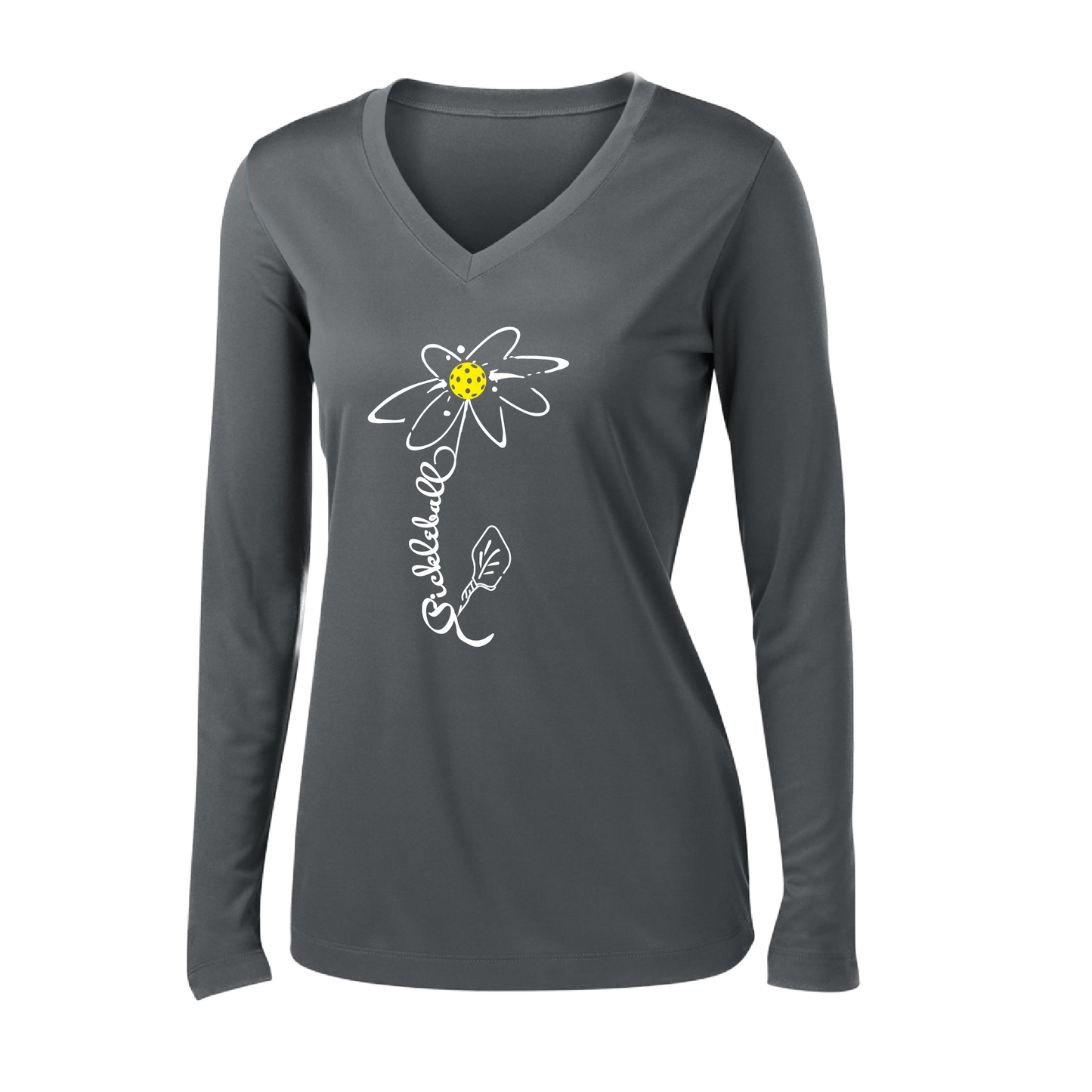 Pickleball Flower (Yellow) | Clearance Women’s Long Sleeve V-Neck Pickleball Shirt | 100% Polyester