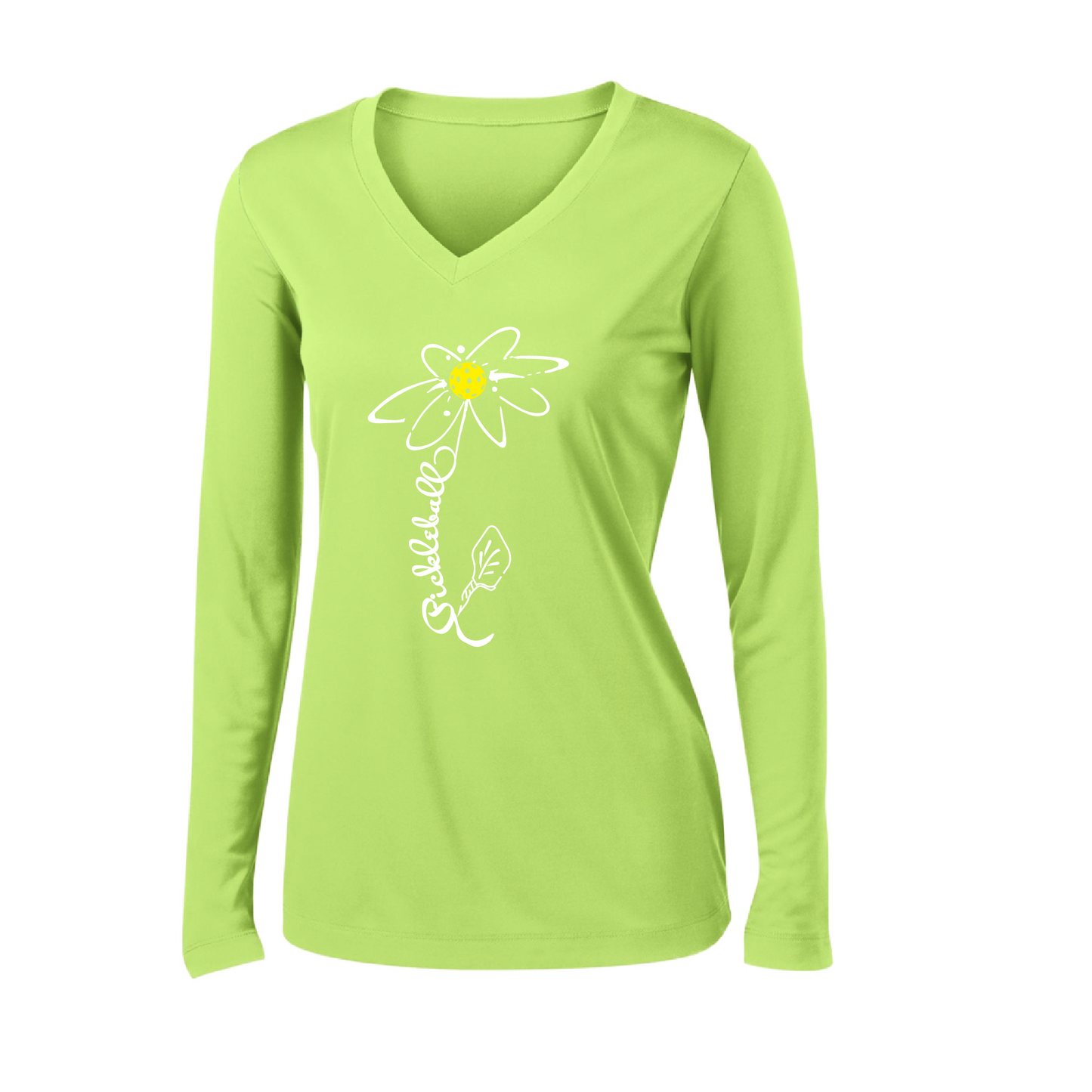 Pickleball Flower (Yellow) | Clearance Women’s Long Sleeve V-Neck Pickleball Shirt | 100% Polyester