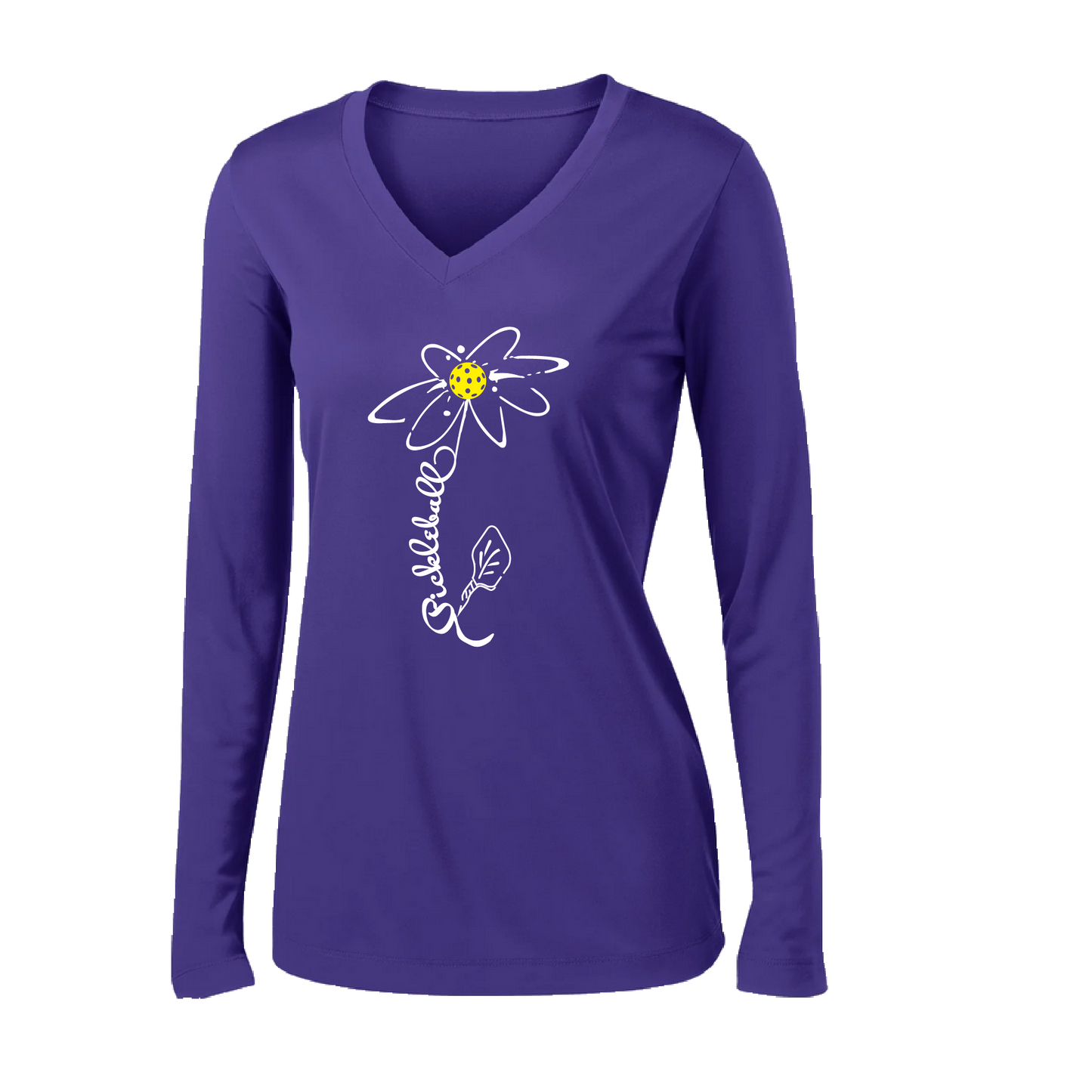 Pickleball Flower (Yellow) | Clearance Women’s Long Sleeve V-Neck Pickleball Shirt | 100% Polyester