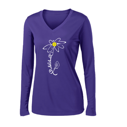 Pickleball Flower (White Yellow) | Women’s Long Sleeve V-Neck Pickleball Shirt | 100% Polyester