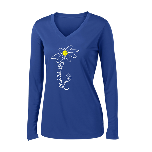 Pickleball Flower (Yellow) | Clearance Women’s Long Sleeve V-Neck Pickleball Shirt | 100% Polyester