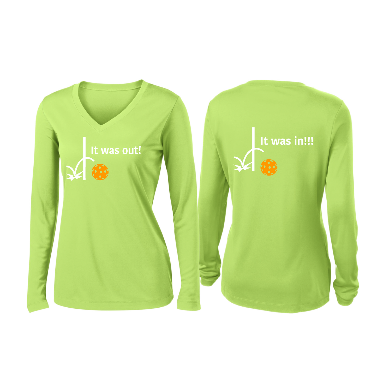 It Was Out! It Was In! (Pickleballs Cyan Green Orange) | Women’s Long Sleeve V-Neck Pickleball Shirt | 100% Polyester