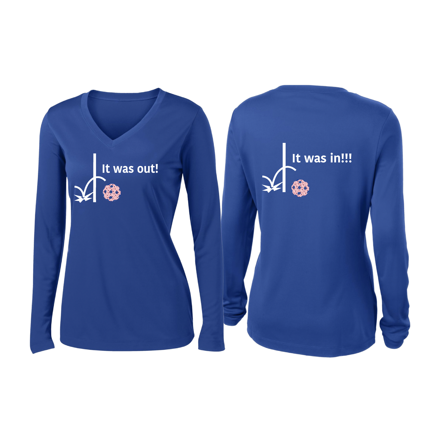 It Was Out! It Was In! (Pickleballs Patriotic Stars) | Women’s Long Sleeve V-Neck Pickleball Shirt | 100% Polyester