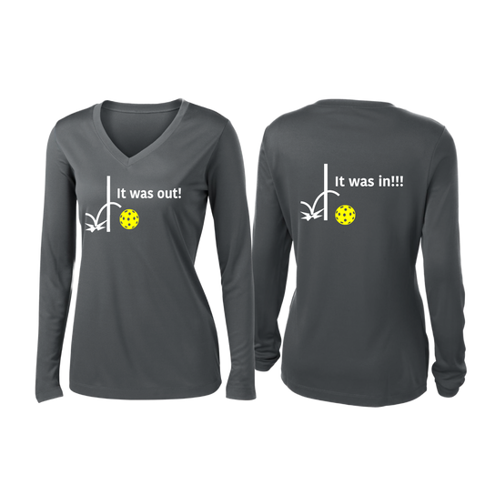 It Was Out! It Was In! (Pickleballs Red White Yellow) | Women’s Long Sleeve V-Neck Pickleball Shirt | 100% Polyester