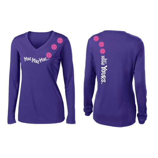 Mine JK Yours (Pickleballs Pink Purple Rainbow) | Women’s Long Sleeve V-Neck Pickleball Shirt | 100% Polyester