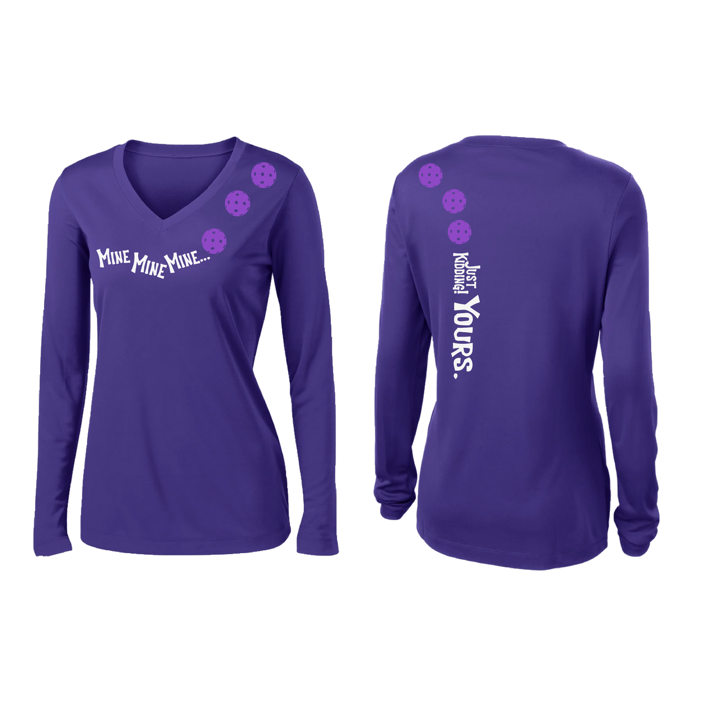 Mine JK Yours (Pickleball Colors Patriotic Stars White Purple)| Women's Long Sleeve V-Neck Pickleball Shirts | 100% Polyester