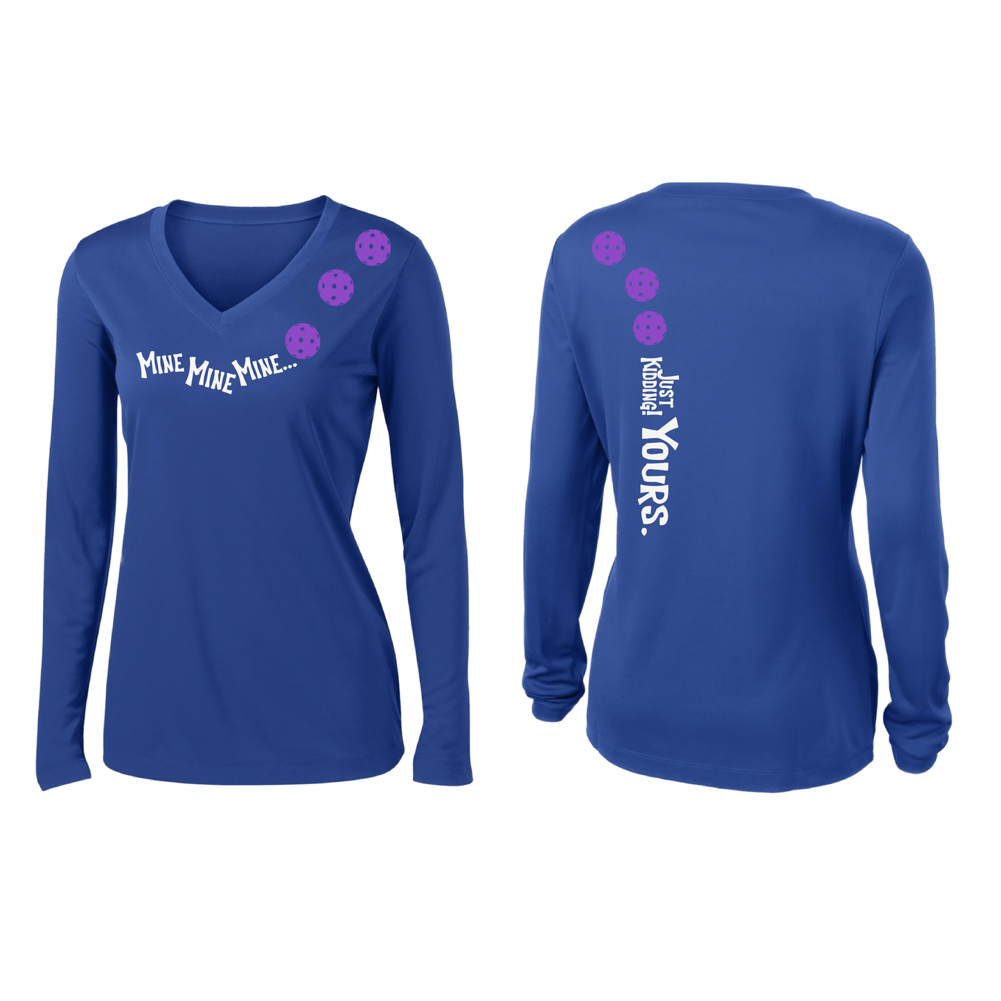 Mine JK Yours (Pickleball Colors Patriotic Stars White Purple)| Women's Long Sleeve V-Neck Pickleball Shirts | 100% Polyester