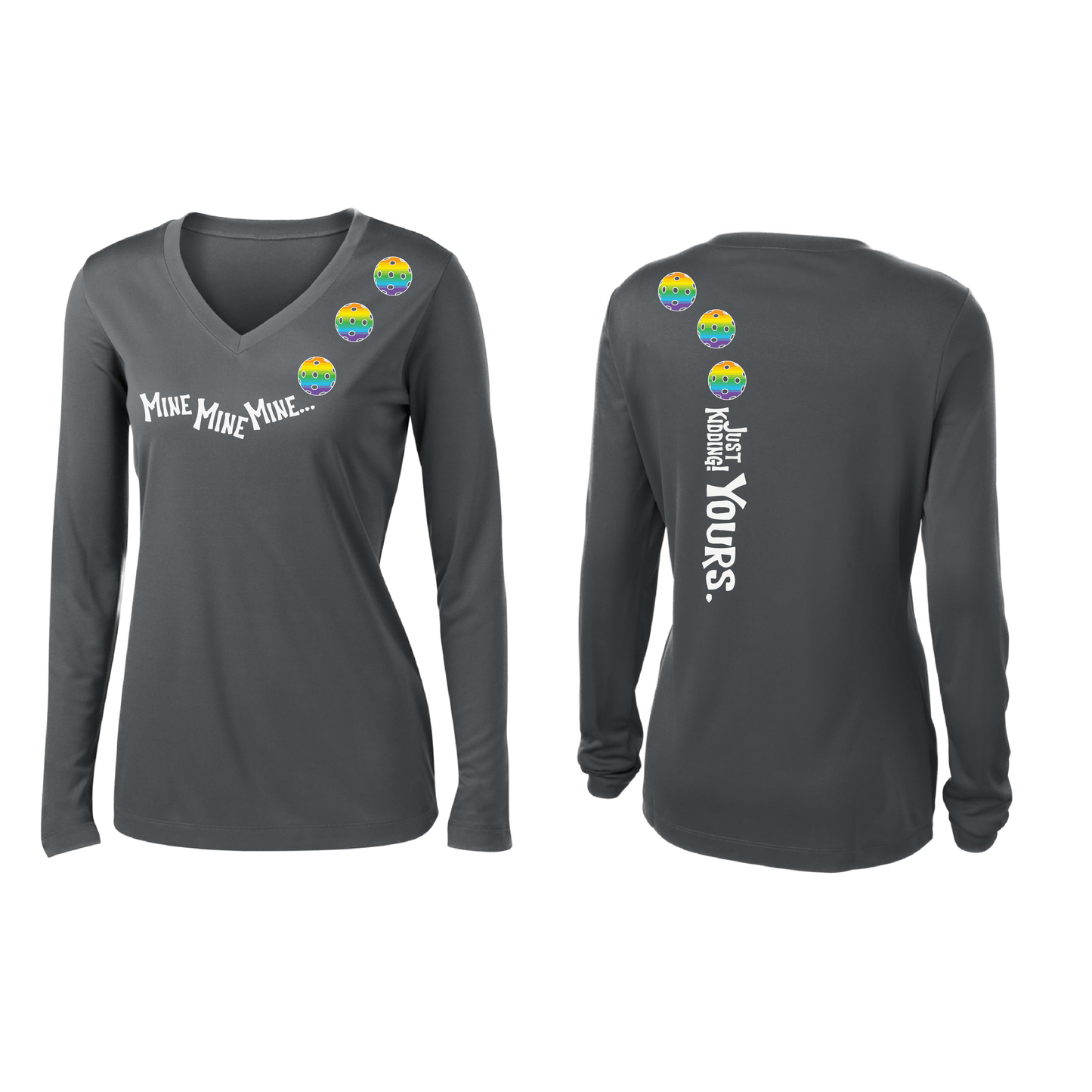 Mine JK Yours (Pickleballs Pink Purple Rainbow) | Women’s Long Sleeve V-Neck Pickleball Shirt | 100% Polyester