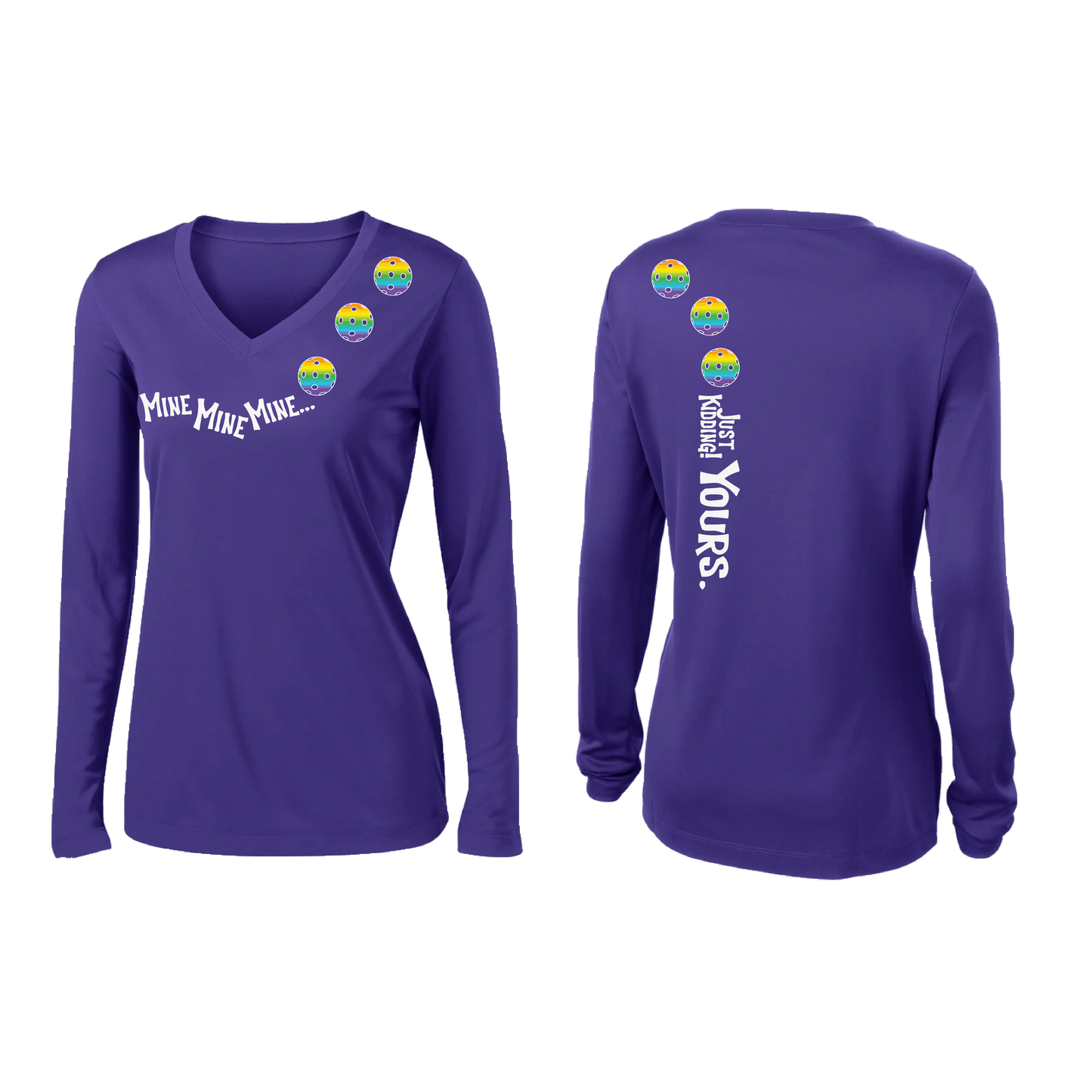 Mine JK Yours (Pickleball colors Green Rainbow or Pink)| Women's Long Sleeve V-Neck Pickleball Shirts | 100% Polyester