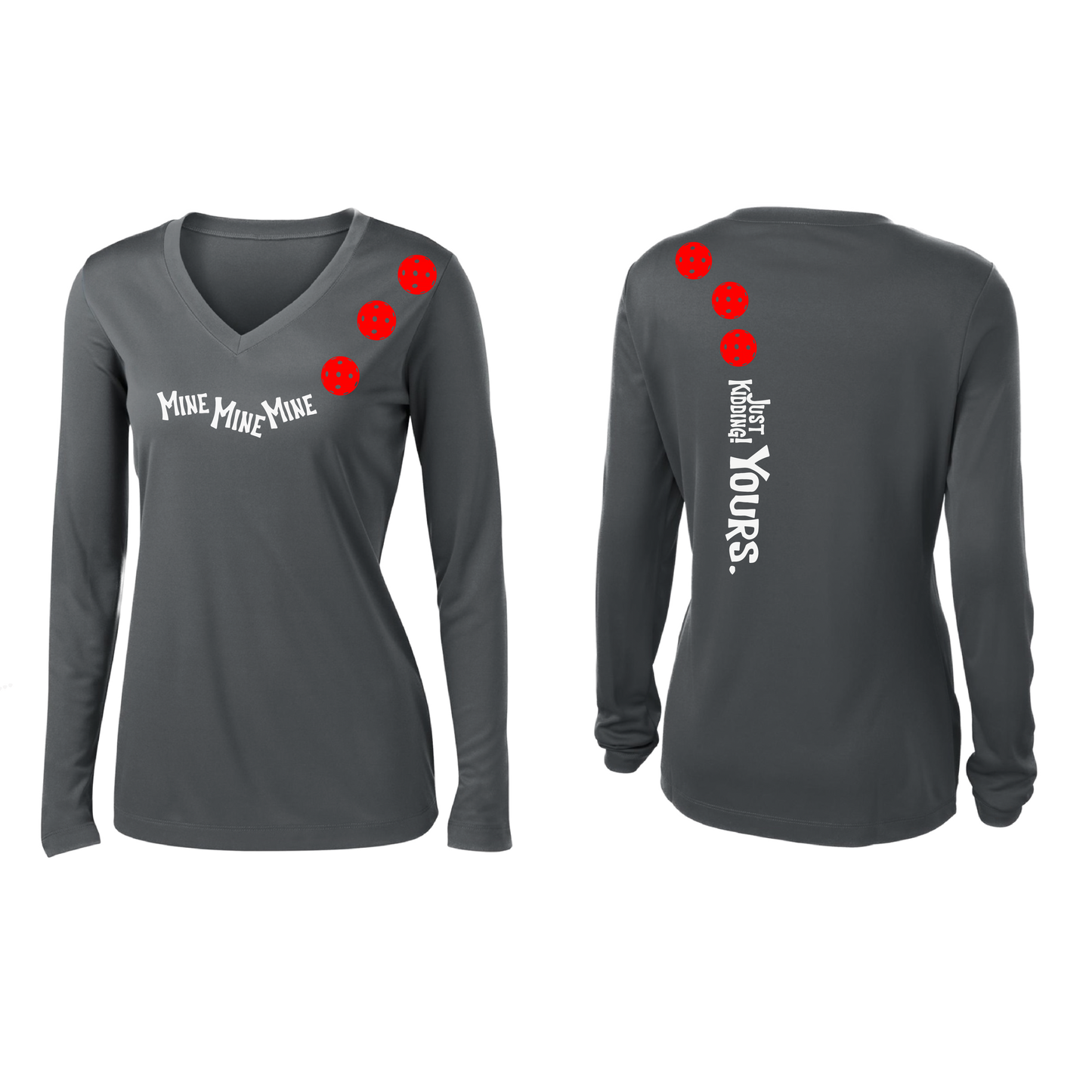 Mine JK Yours (Pickleballs Red White Yellow) | Women’s Long Sleeve V-Neck Pickleball Shirt | 100% Polyester