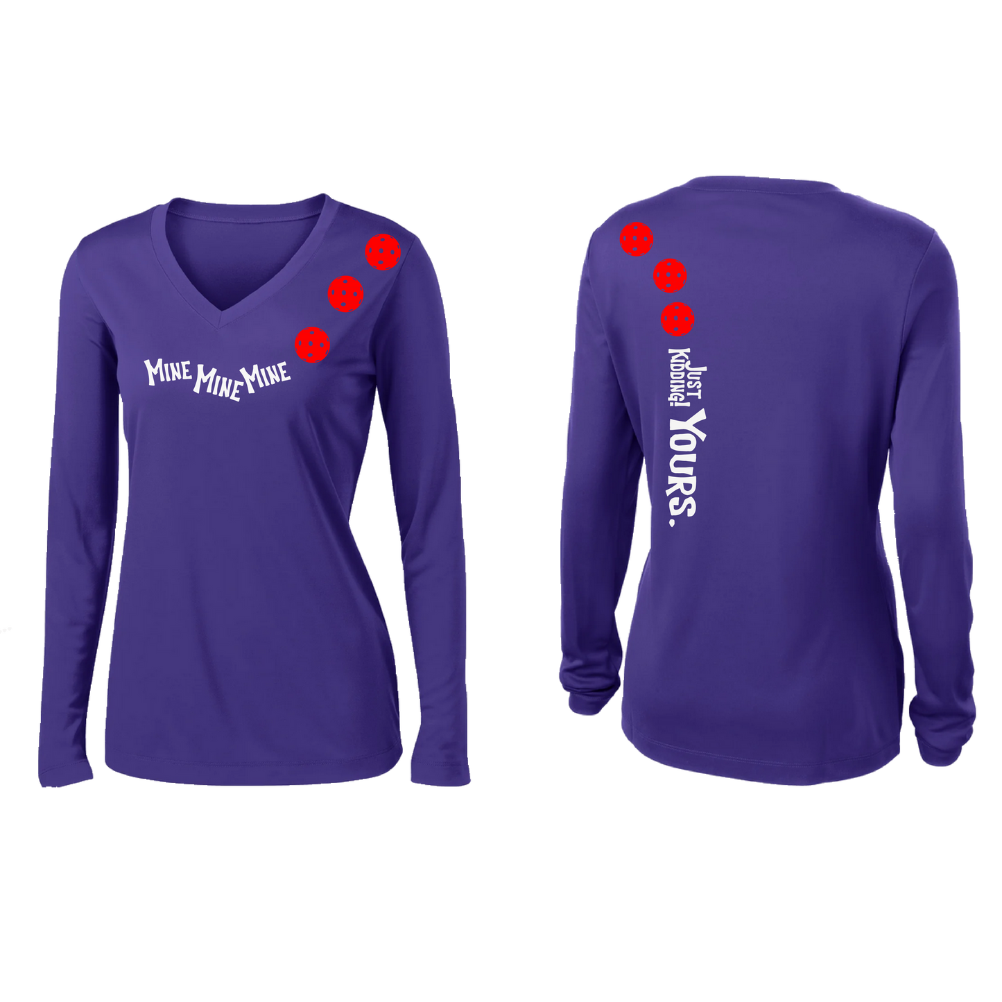 Mine JK Yours (Pickleballs Red White Yellow) | Women’s Long Sleeve V-Neck Pickleball Shirt | 100% Polyester