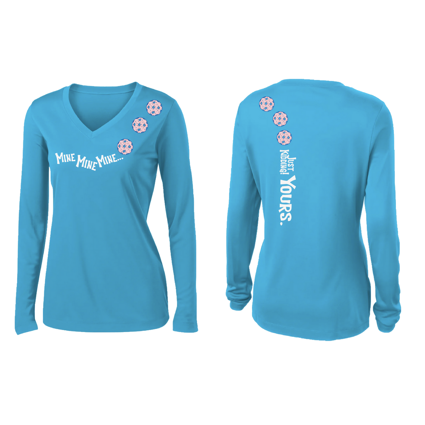 Mine JK Yours (Pickleballs With Stars) | Women’s Long Sleeve V-Neck Pickleball Shirt | 100% Polyester