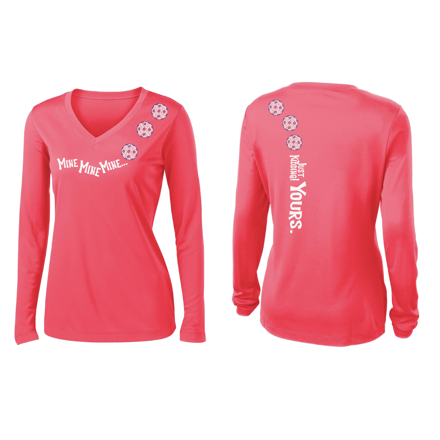 Mine JK Yours (Pickleballs With Stars) | Women’s Long Sleeve V-Neck Pickleball Shirt | 100% Polyester