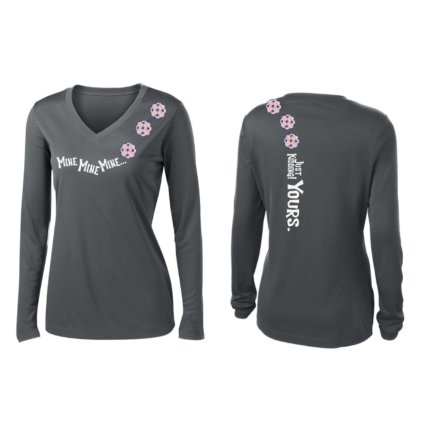 Mine JK Yours (Pickleballs With Stars) | Women’s Long Sleeve V-Neck Pickleball Shirt | 100% Polyester