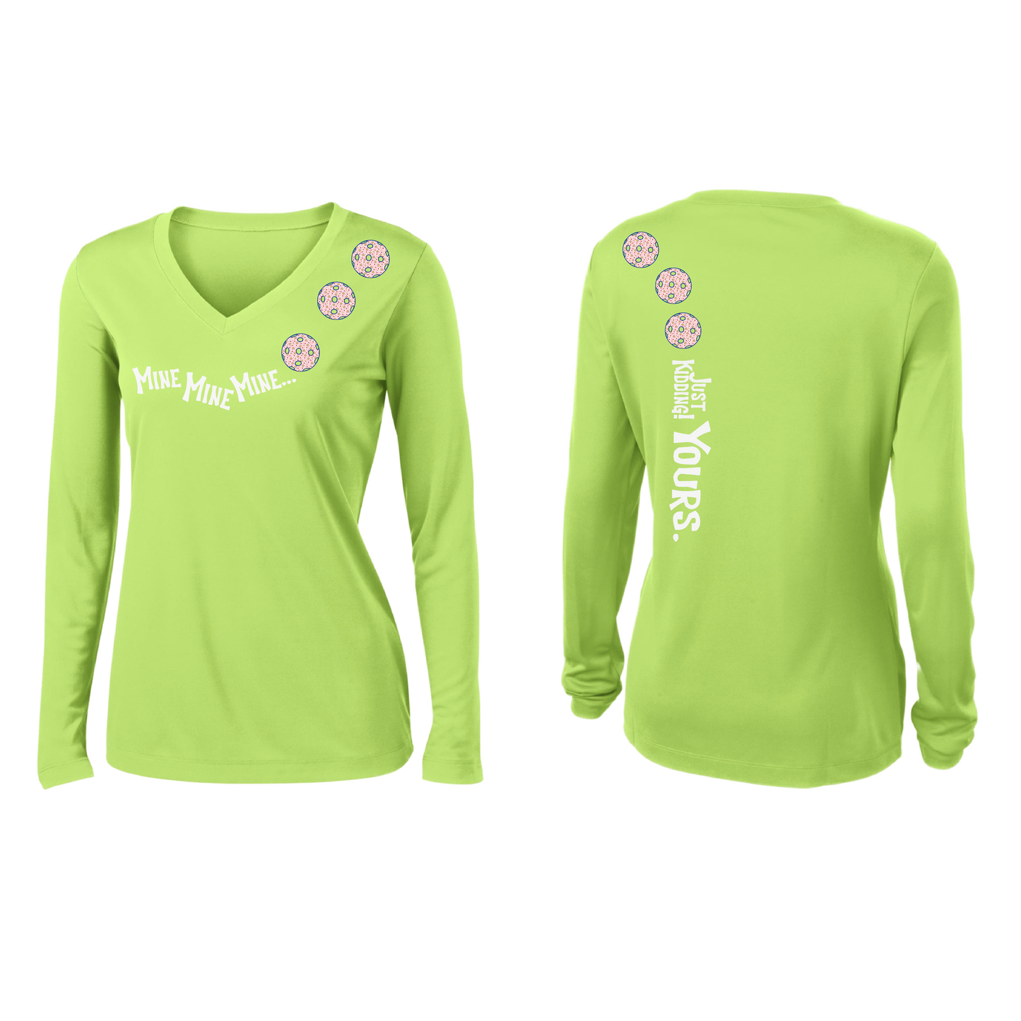 Mine JK Yours (Pickleballs With Stars) | Women’s Long Sleeve V-Neck Pickleball Shirt | 100% Polyester