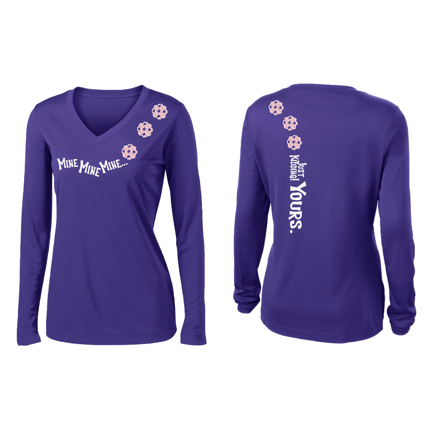 Mine JK Yours (Pickleball Colors Patriotic Stars White Purple)| Women's Long Sleeve V-Neck Pickleball Shirts | 100% Polyester