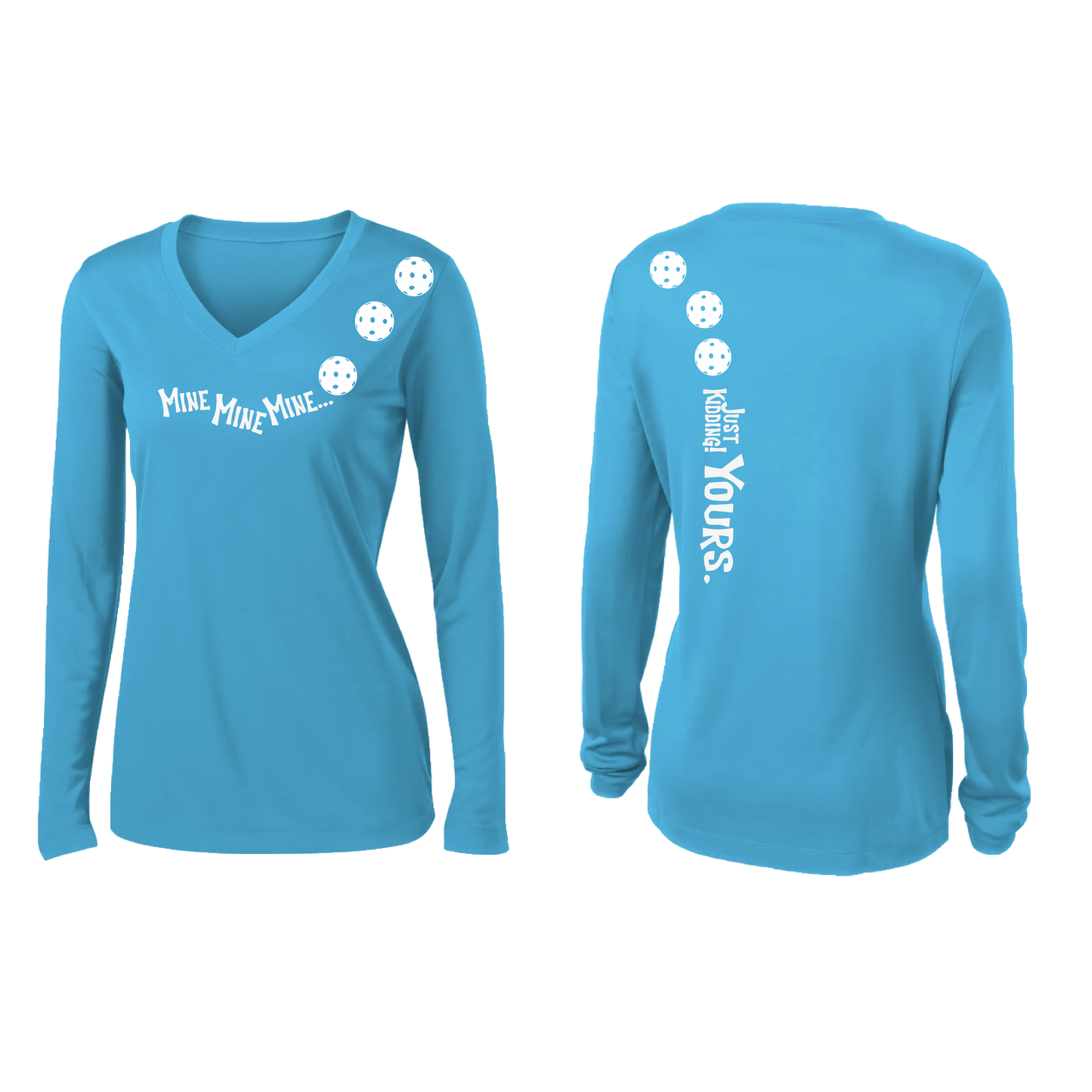 Mine JK Yours (Pickleballs Red White Yellow) | Women’s Long Sleeve V-Neck Pickleball Shirt | 100% Polyester