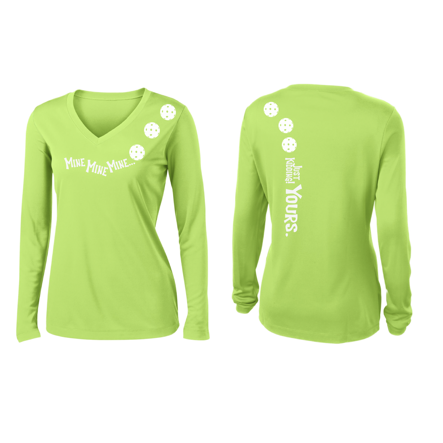 Mine JK Yours (Pickleballs Red White Yellow) | Women’s Long Sleeve V-Neck Pickleball Shirt | 100% Polyester