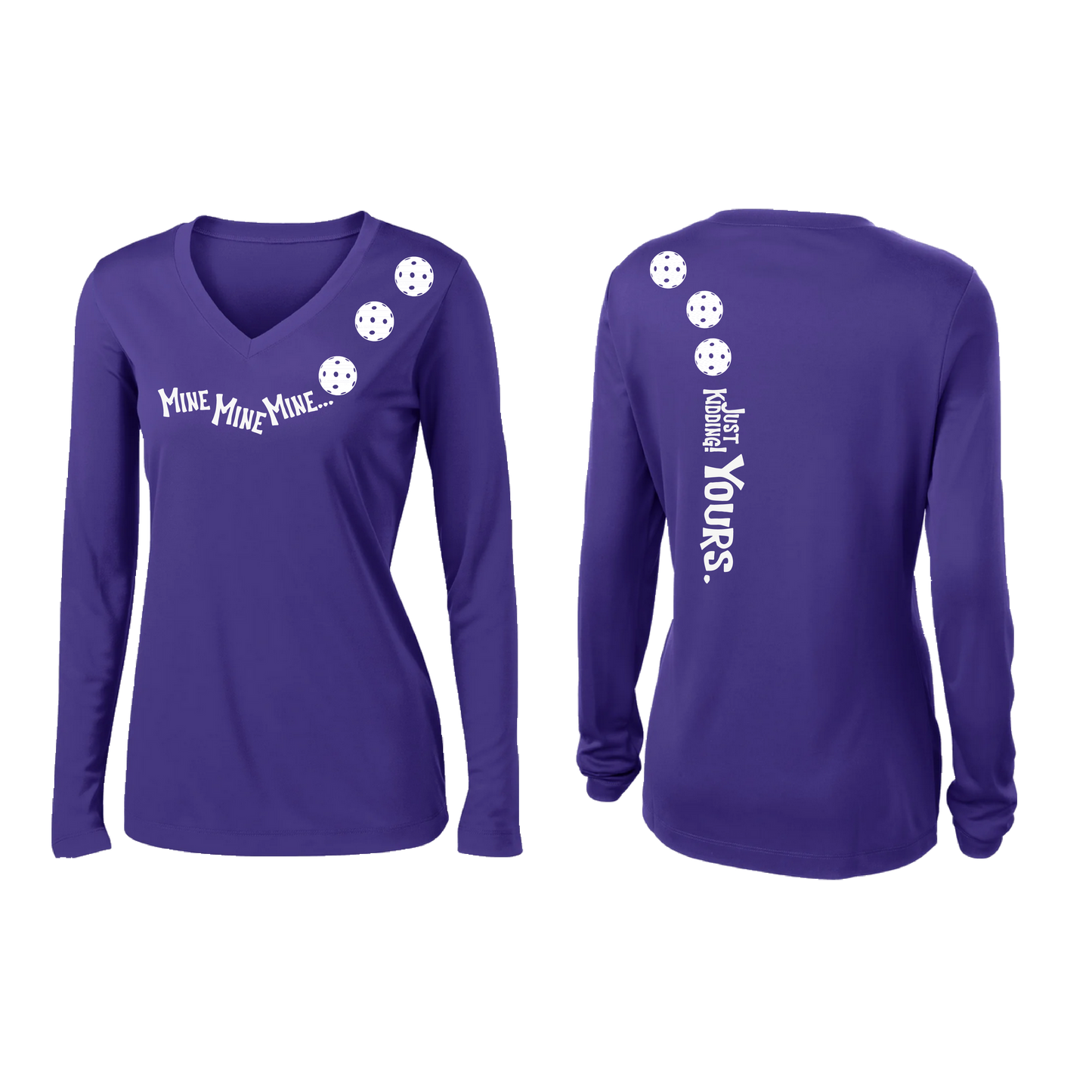 Mine JK Yours (Pickleball Colors Patriotic Stars White Purple)| Women's Long Sleeve V-Neck Pickleball Shirts | 100% Polyester