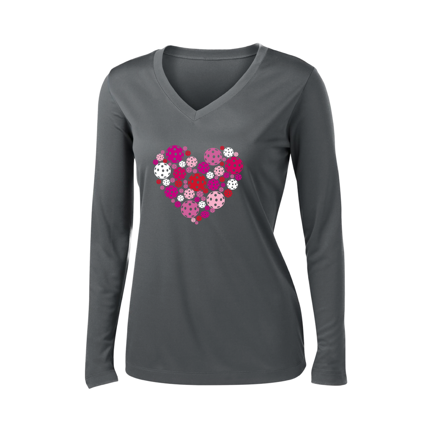 Pickleball Heart | Women’s Long Sleeve V-Neck Pickleball Shirt | 100% Polyester