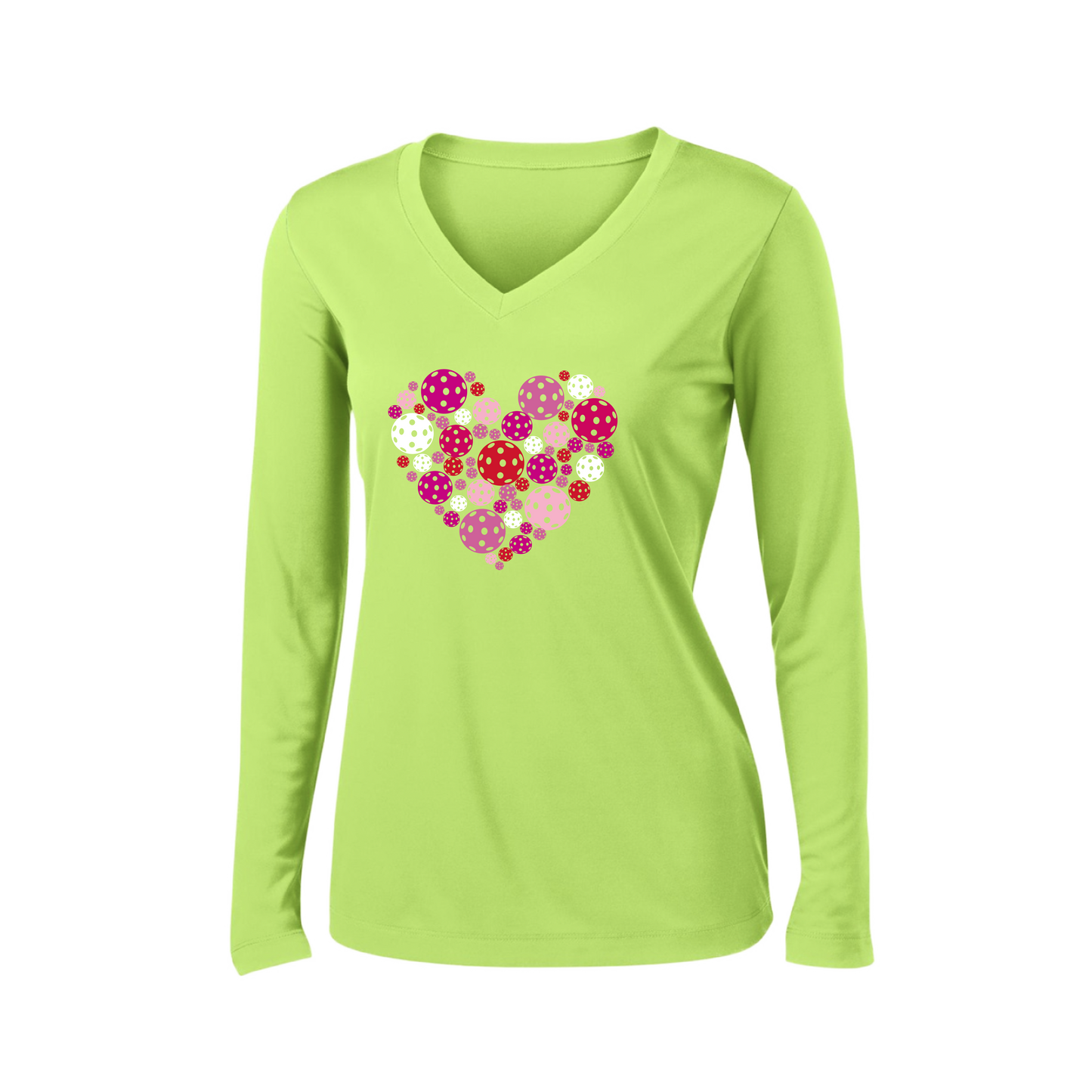 Pickleball Heart | Women’s Long Sleeve V-Neck Pickleball Shirt | 100% Polyester