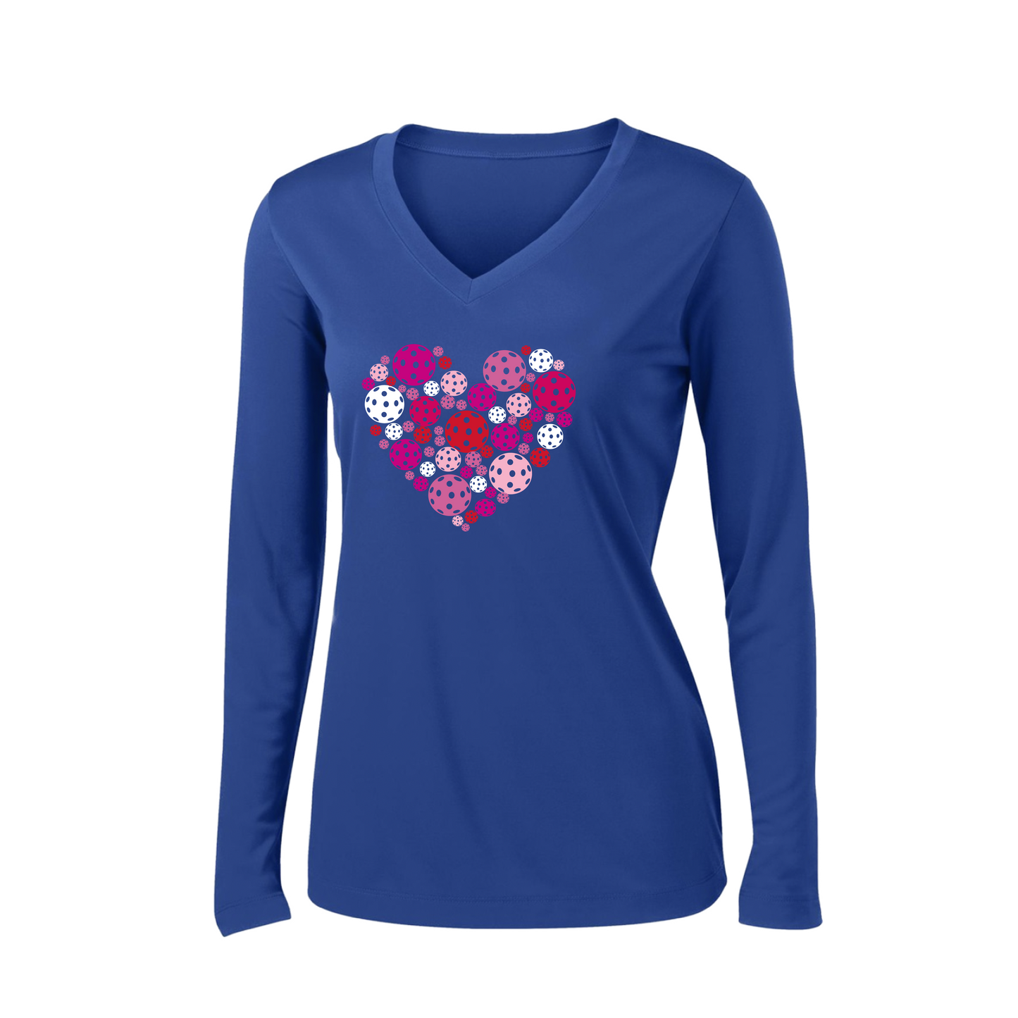 Pickleball Heart | Women’s Long Sleeve V-Neck Pickleball Shirt | 100% Polyester