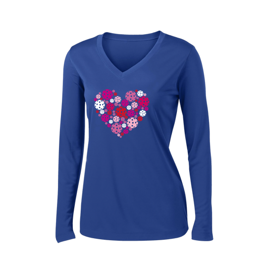 Pickleball Heart | Women’s Long Sleeve V-Neck Pickleball Shirt | 100% Polyester