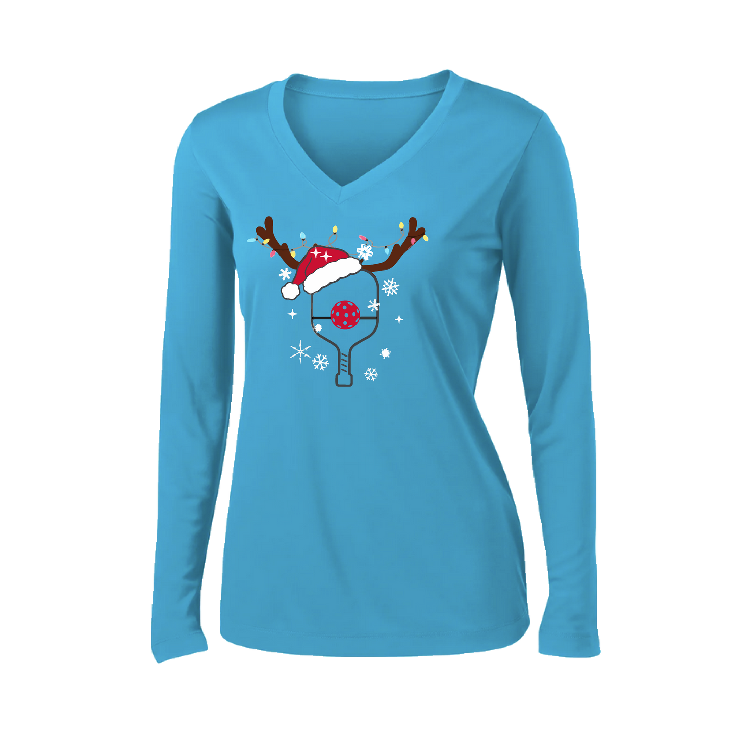 Rudolph The Pickling Reindeer Paddle | Women’s Long Sleeve V-Neck Pickleball Shirt | 100% Polyester