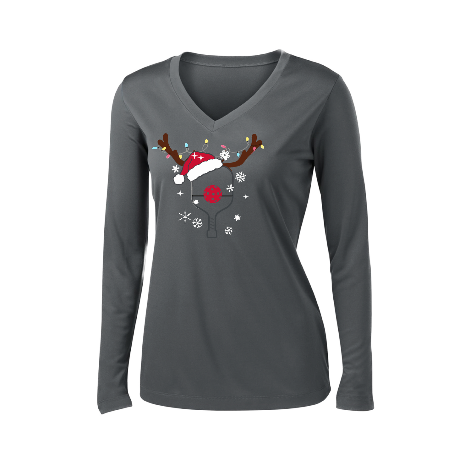 Rudolph The Pickling Reindeer Paddle | Women’s Long Sleeve V-Neck Pickleball Shirt | 100% Polyester