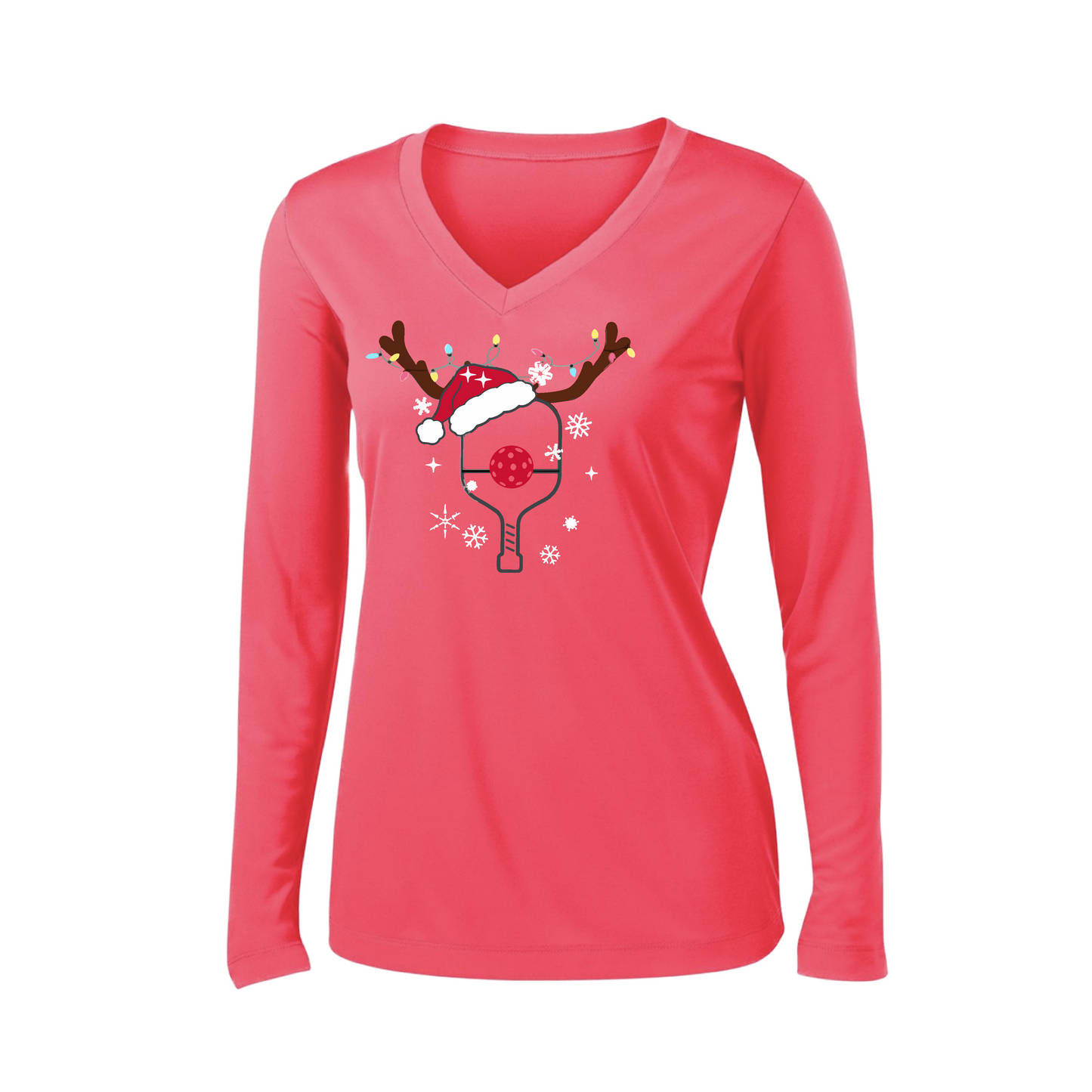 Rudolph The Pickling Reindeer Paddle | Women’s Long Sleeve V-Neck Pickleball Shirt | 100% Polyester