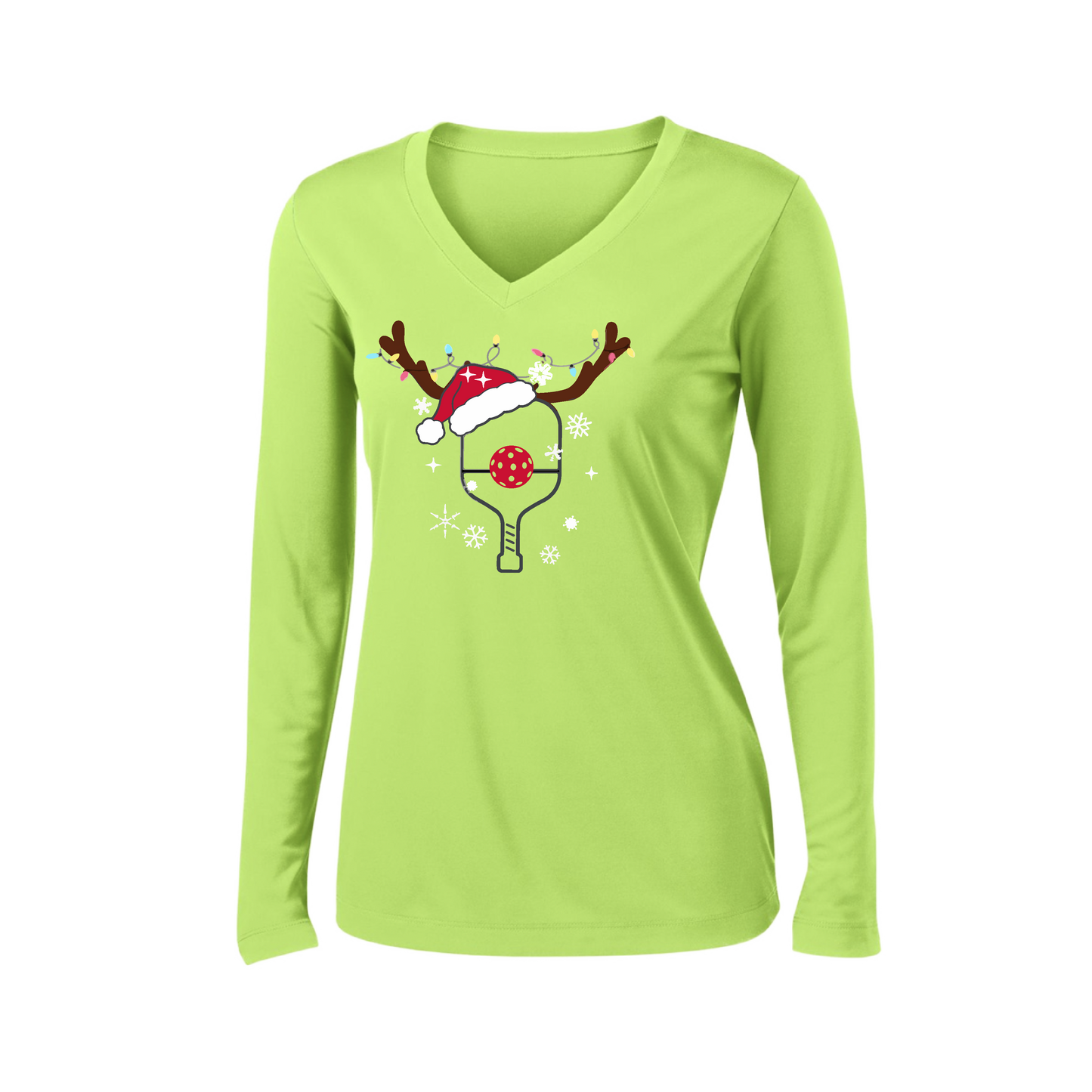 Rudolph The Pickling Reindeer Paddle | Women’s Long Sleeve V-Neck Pickleball Shirt | 100% Polyester