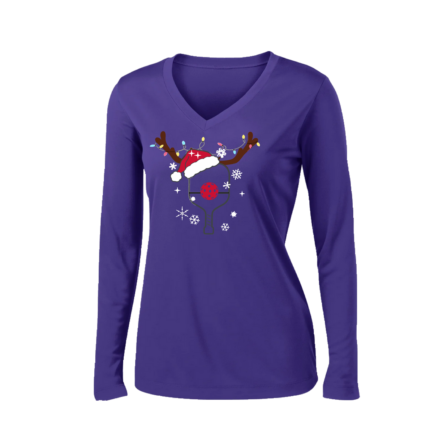 Rudolph The Pickling Reindeer Paddle | Women’s Long Sleeve V-Neck Pickleball Shirt | 100% Polyester