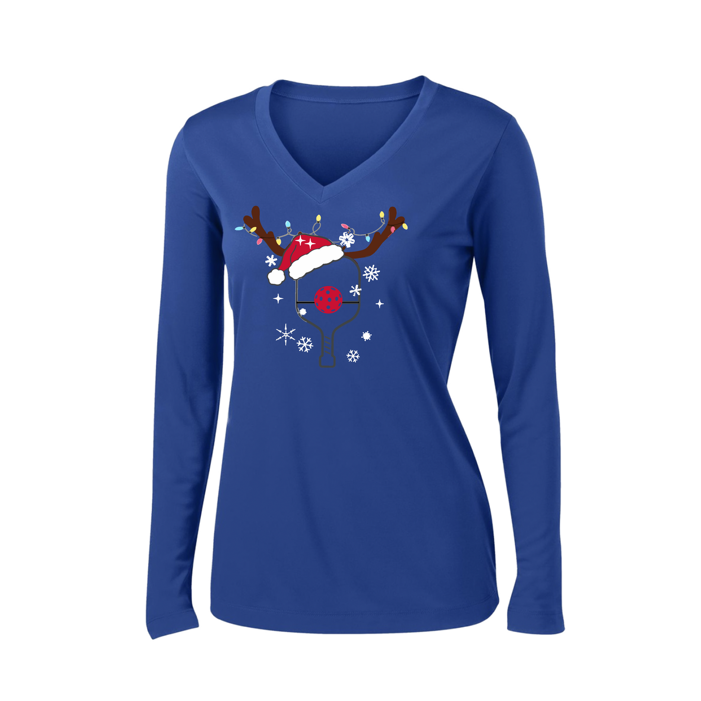 Rudolph The Pickling Reindeer Paddle | Women’s Long Sleeve V-Neck Pickleball Shirt | 100% Polyester