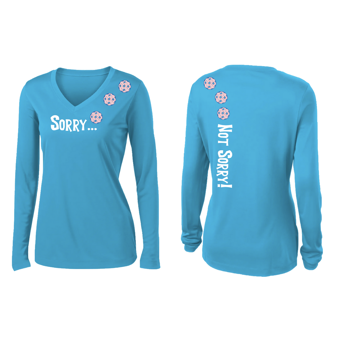 Sorry Not Sorry (Pickleball color Patriotic Stars) Customizable | Women’s Long Sleeve V-Neck Pickleball Shirt | 100% Polyester