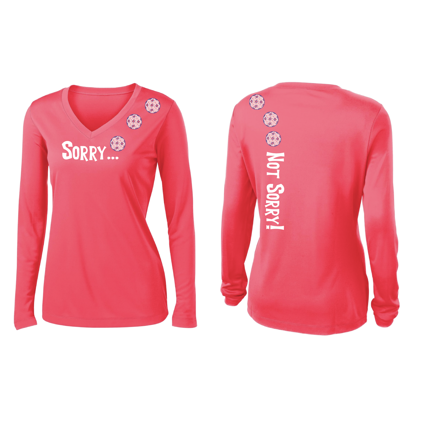 Sorry Not Sorry (Pickleball color Patriotic Stars) Customizable | Women’s Long Sleeve V-Neck Pickleball Shirt | 100% Polyester