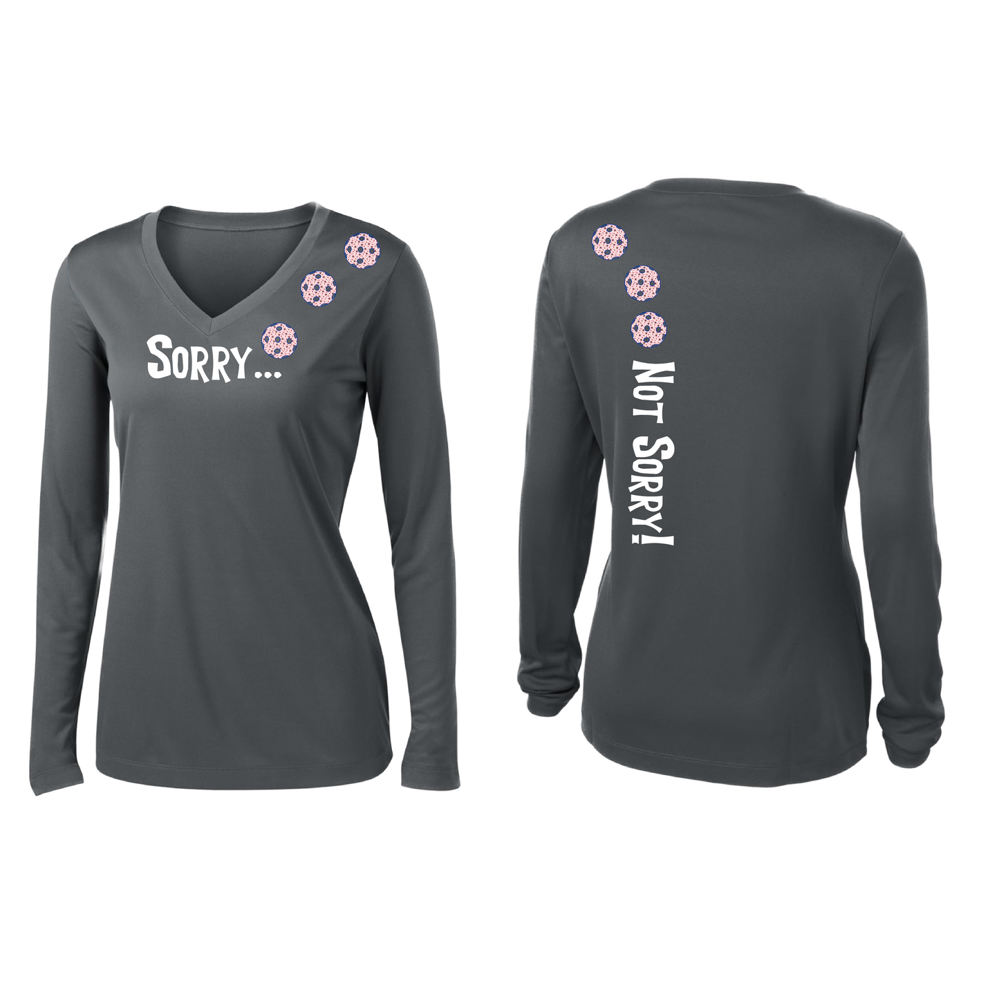 Sorry Not Sorry (Pickleball color Patriotic Stars) Customizable | Women’s Long Sleeve V-Neck Pickleball Shirt | 100% Polyester