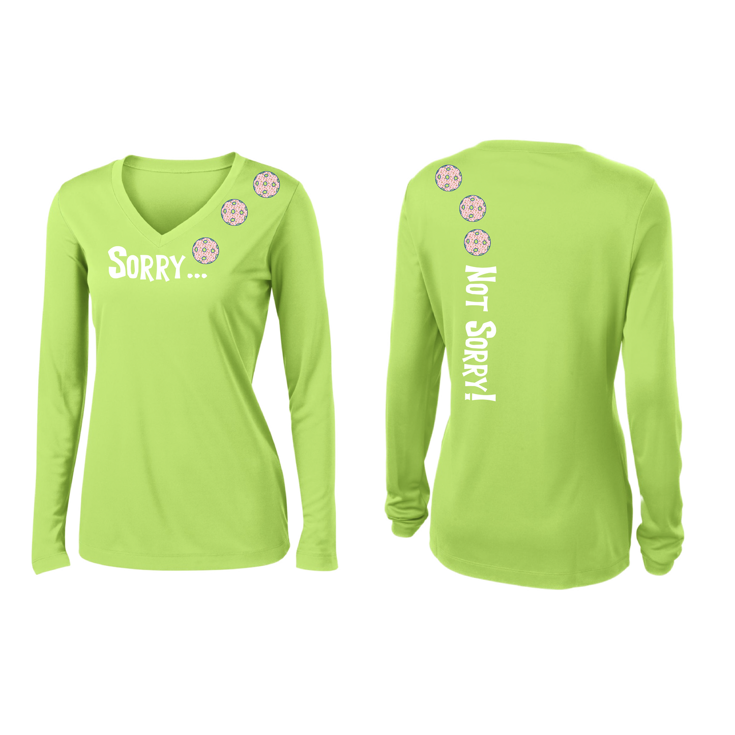 Sorry Not Sorry (Pickleball color Patriotic Stars) Customizable | Women’s Long Sleeve V-Neck Pickleball Shirt | 100% Polyester