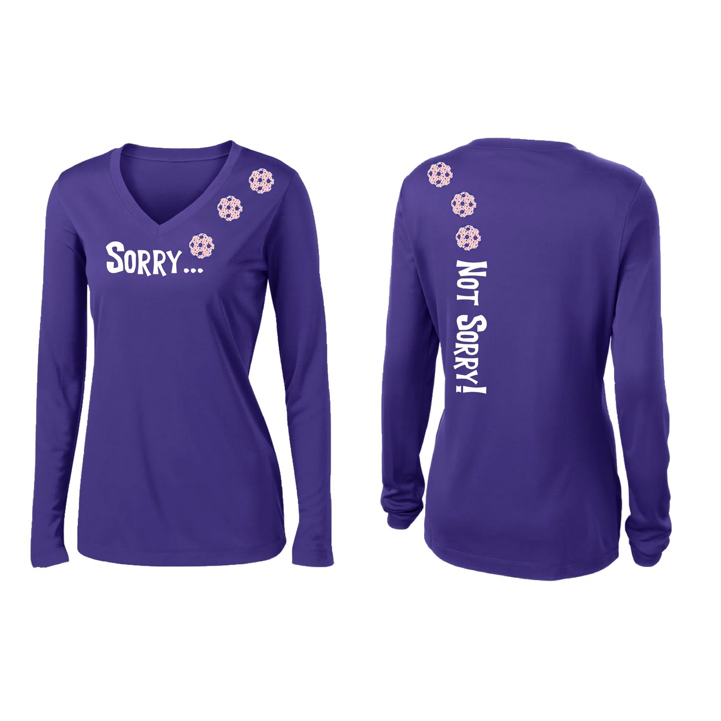 Sorry Not Sorry (Pickleball color Patriotic Stars) Customizable | Women’s Long Sleeve V-Neck Pickleball Shirt | 100% Polyester