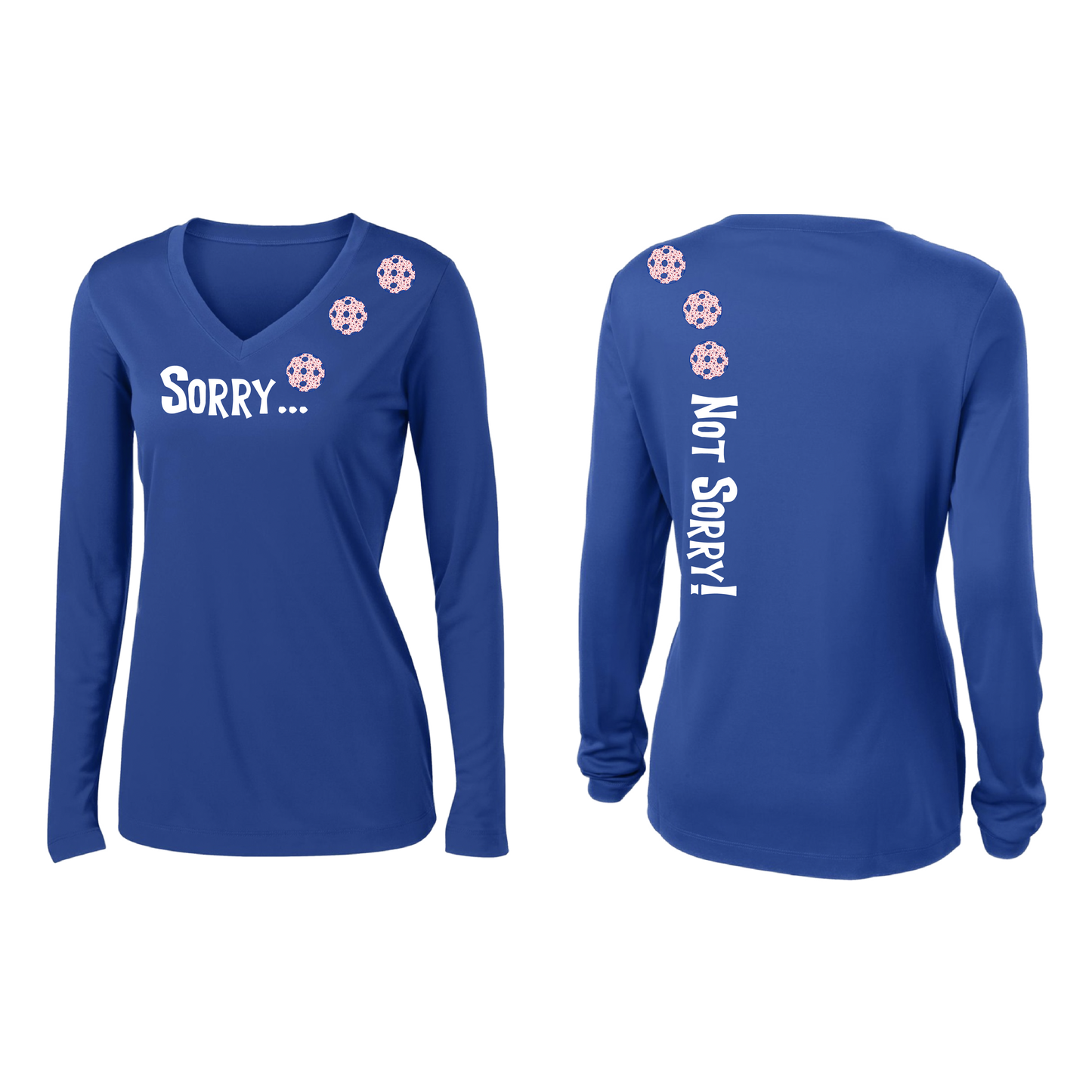 Sorry Not Sorry (Pickleball color Patriotic Stars) Customizable | Women’s Long Sleeve V-Neck Pickleball Shirt | 100% Polyester