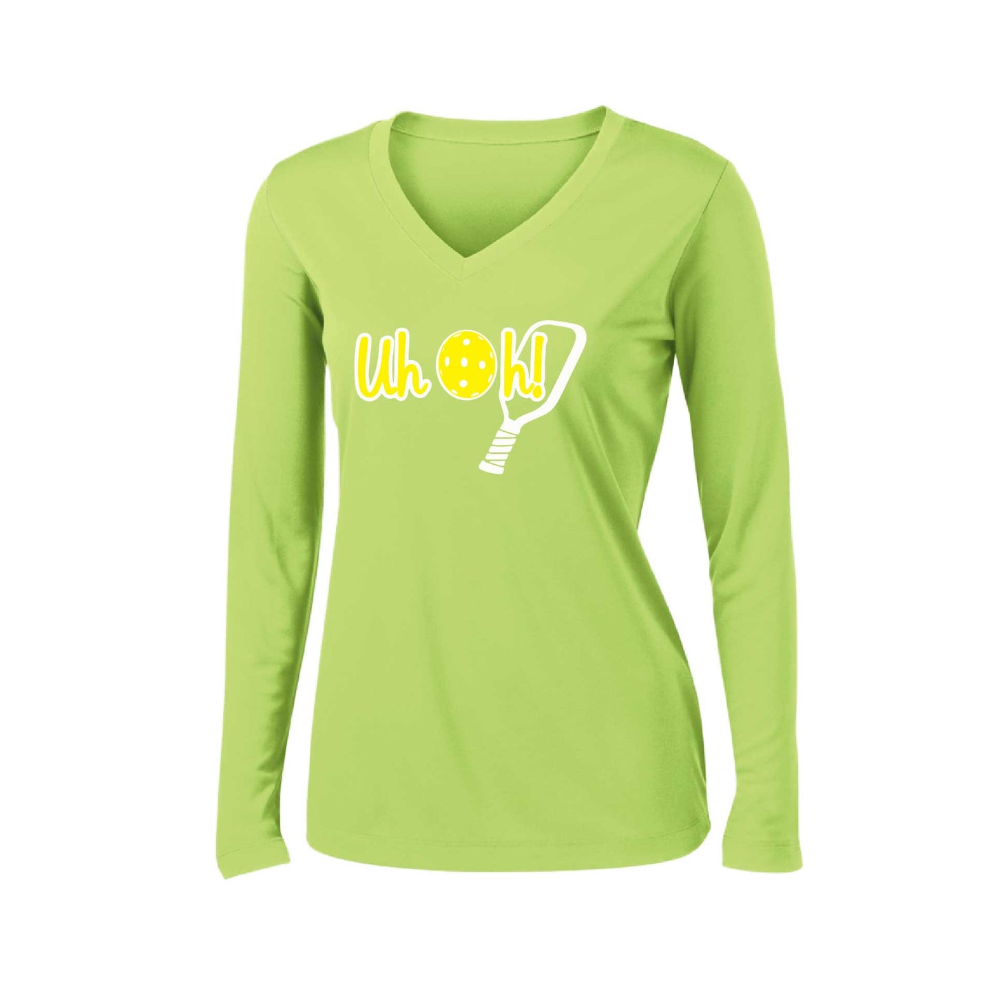 Uh Oh! | Women’s Long Sleeve V-Neck Pickleball Performance T-Shirt | 100% Polyester